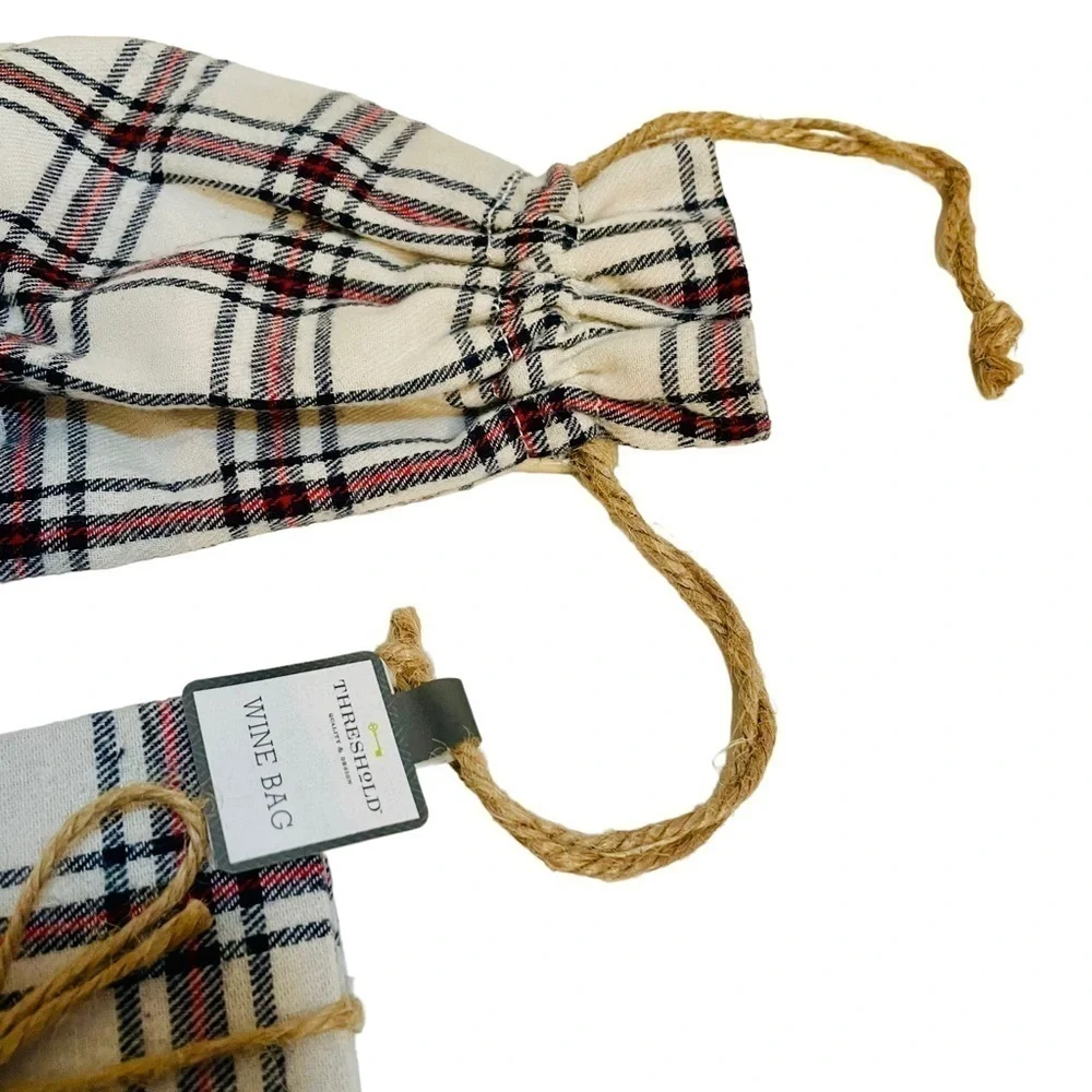 Threshold Plaid Holiday Christmas Fabric Drawstring Wine Bag and four Coasters